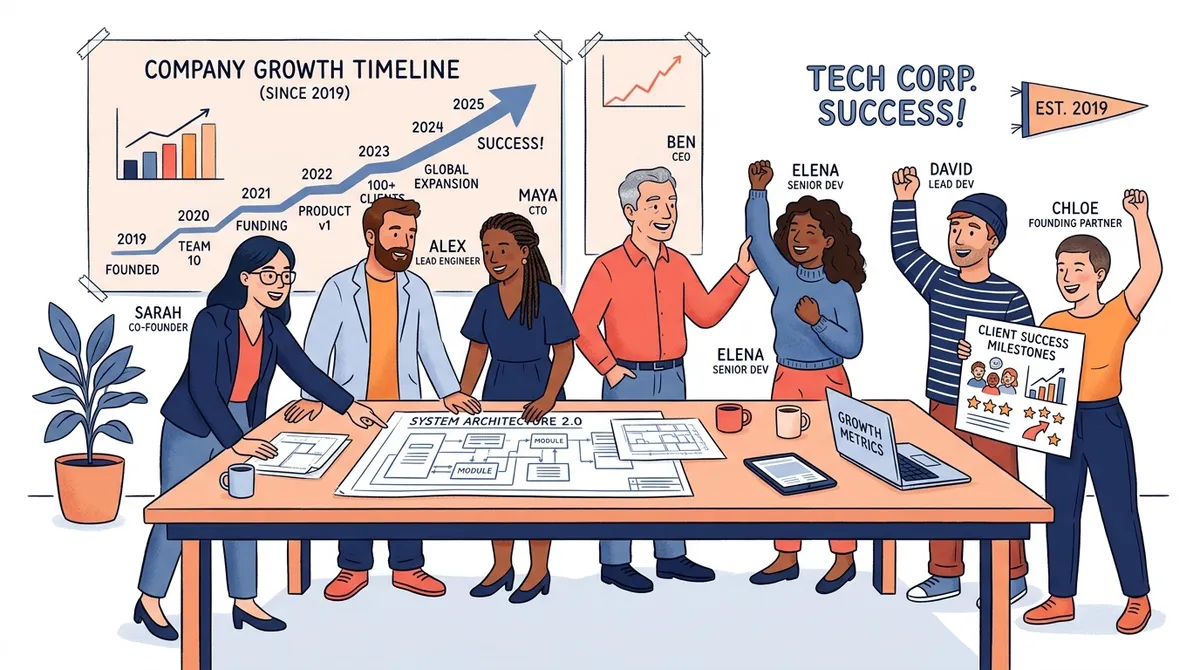 Adviyo Technologies founding leadership and engineering team reviewing company growth timeline since 2019