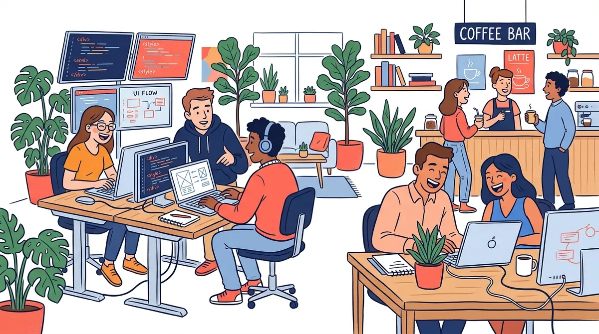 Adviyo software developers, AI engineers, and UI designers working autonomously in a modern collaborative office