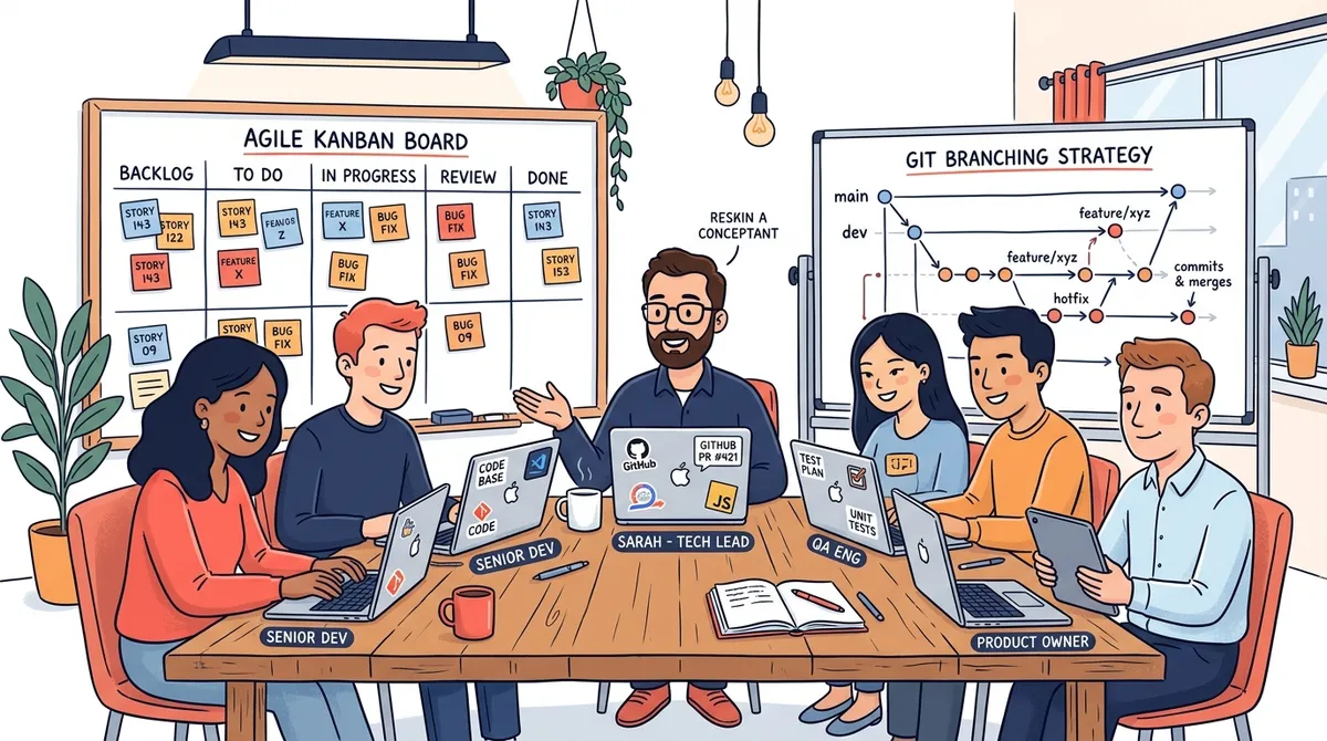 Dedicated engineering squad collaborating with an agile Kanban board and Git branching strategy
